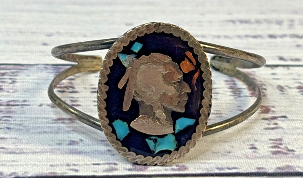 Vintage Native American Sterling Silver Turquoise Chip Inlay Chief Cuff Bracelet